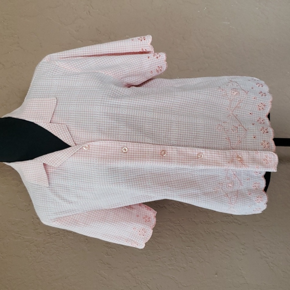 Alfred Dunner Pink Gingham Embroidered Short Sleeve Blouse Size 10